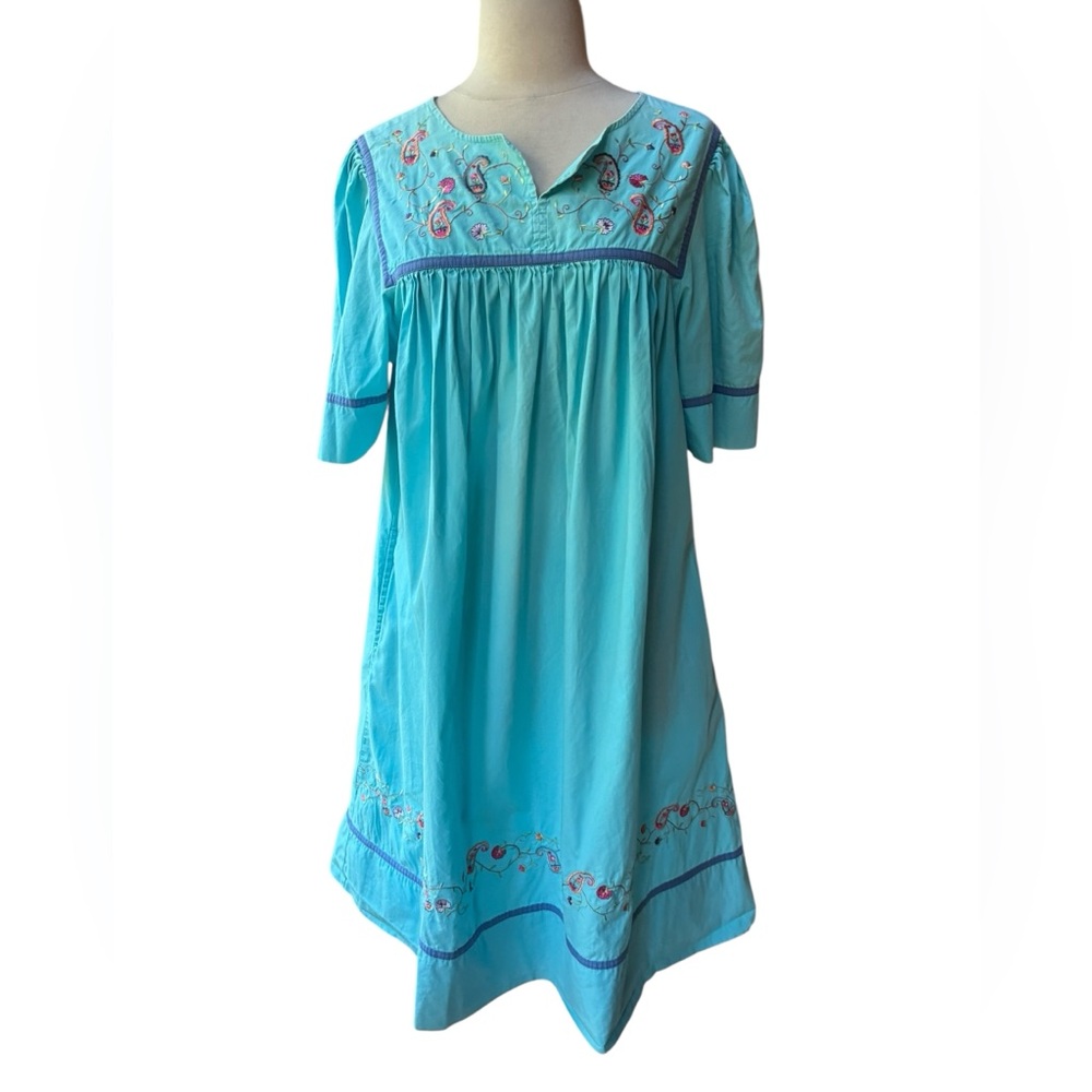 1990s‎ Bechamel 100% Cotton Floral Embroidered Hip Pockets Muumuu